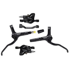 Brzda kotoučová SHIMANO MT200 černá, přední + zadní komplet bez kotoučů / černé hadice (za